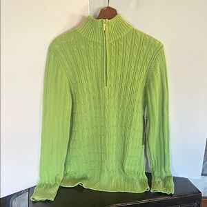 Women's Lime Green Cable-Knit Half-Zip Turtleneck Sweater